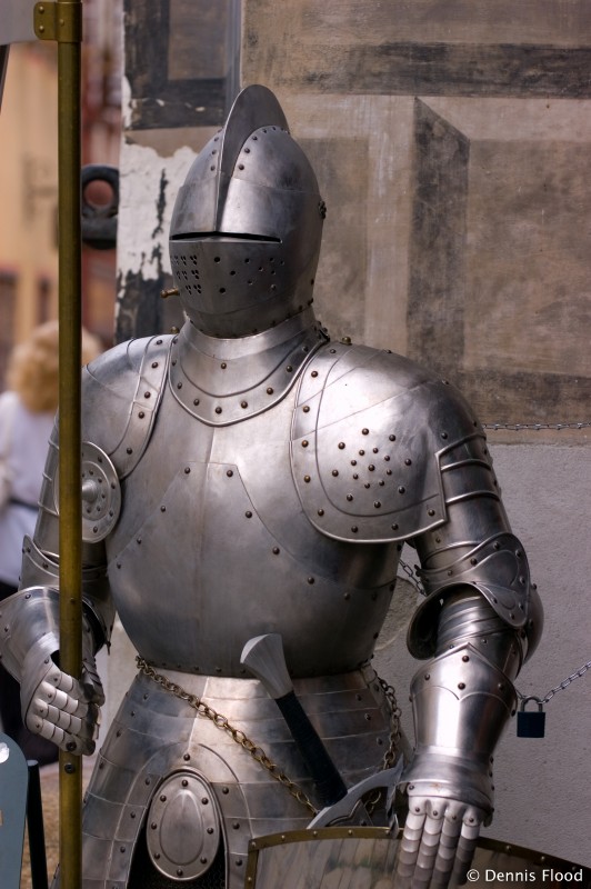 A complete suit of armor in the streets of Cesky Krumlov, Czech Republic.