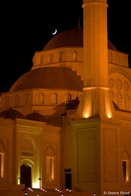 Mosque at Night with Crescent Moon
